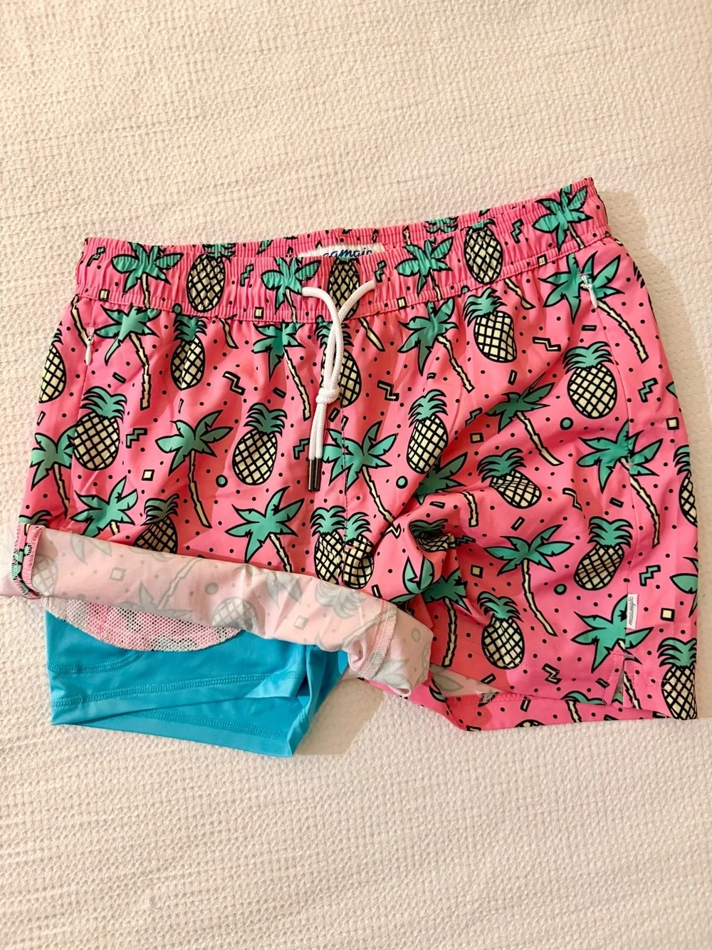Men's Pink Pineapple Print Swim Trunks with Green Accents